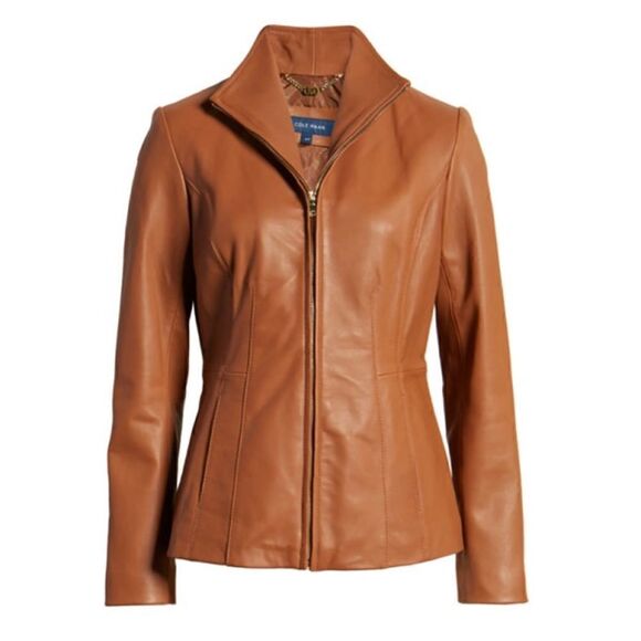 COLE HAAN Brown Tan Lambskin Leather Jacket XS - Picture 1 of 7